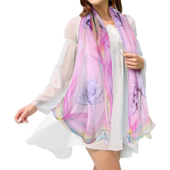 Women's Pink+purple Fashion Lightweight Head Scarf Floral Print Chiffon Scarves - Picture 1 of 6